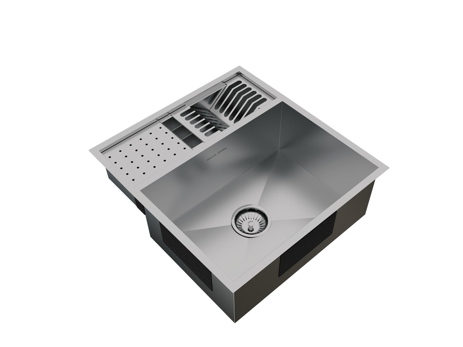 Cuba De Sobrepor Quadratta 54x58cm Em Aço Inox Escovado Com Kit Escorredor 3 Módulos Integrado e Válvula De 4.1/2