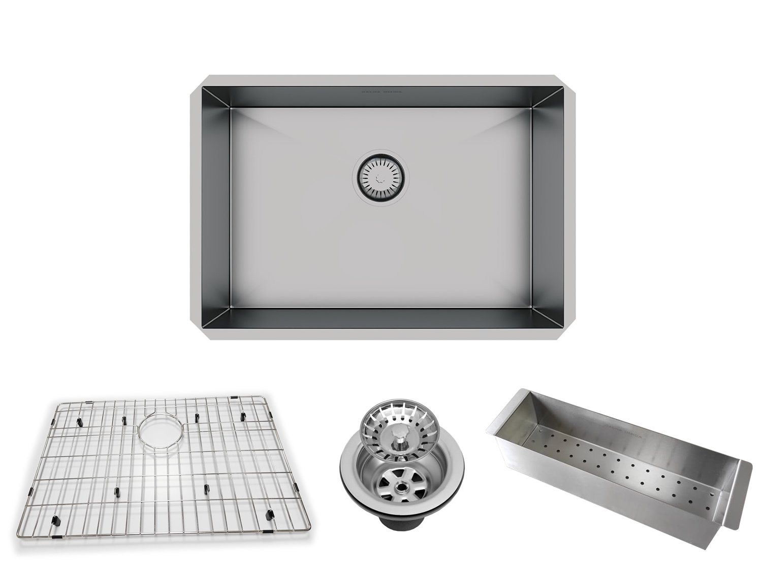 Cuba De Embutir Quadratta 60x40cm Em Aço Inox Escovado Com Escorredor + Grade Aramada e Válvula De 4.1/2