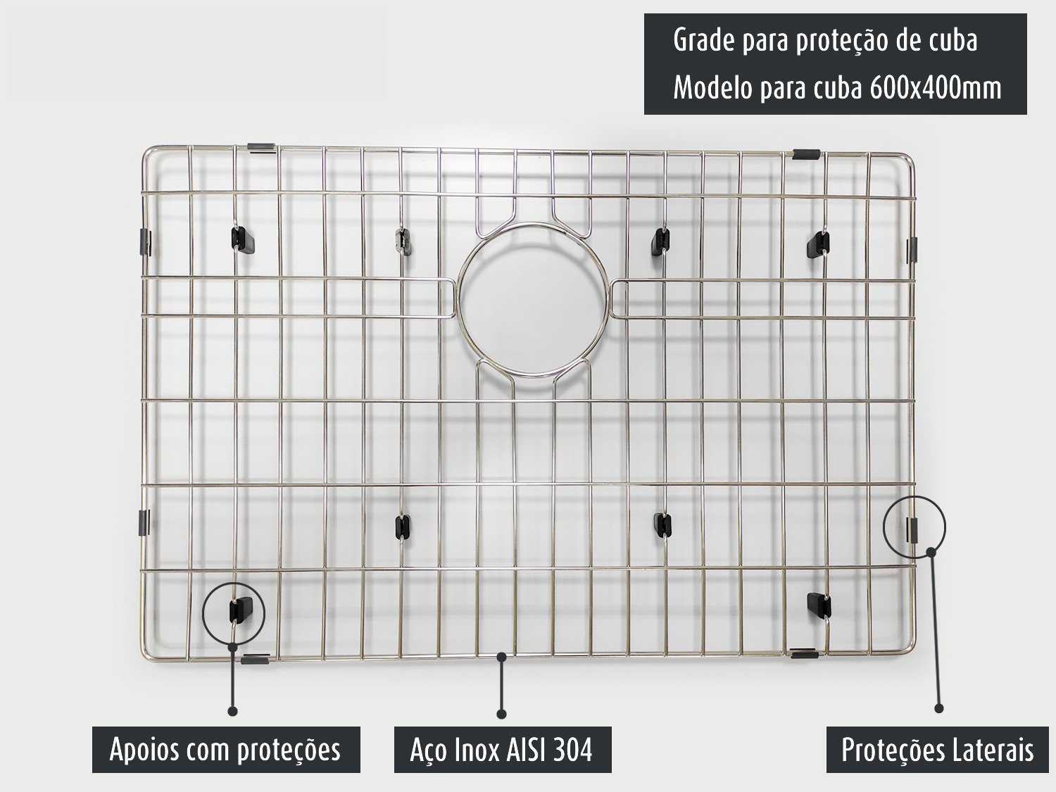Cuba De Embutir Quadratta 60x40cm Em Aço Inox Escovado Com Escorredor + Grade Aramada e Válvula De 4.1/2
