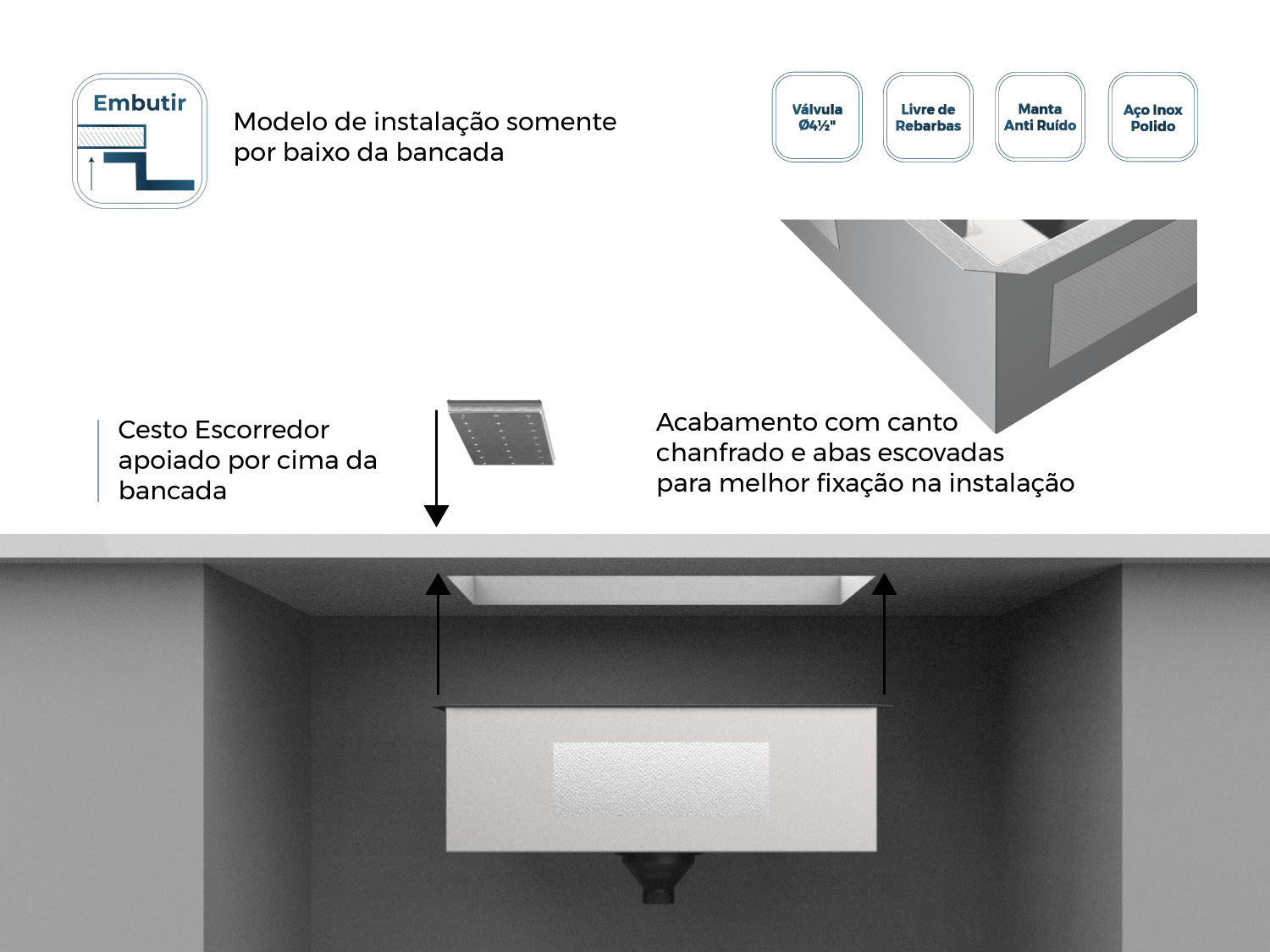 Cuba De Embutir Splendore 54x39cm Em Aço Inox Polido Com Escorredor 37,3x11cm e Válvula De 4.1/2