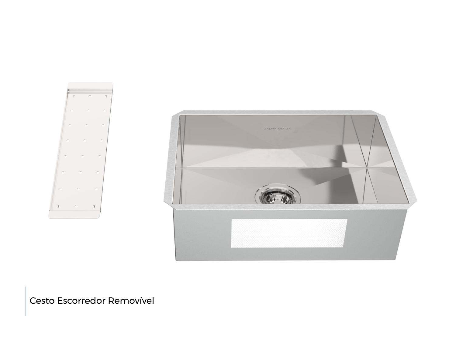 Cuba De Embutir Splendore 54x39cm Em Aço Inox Polido Com Escorredor 37,3x11cm e Válvula De 4.1/2