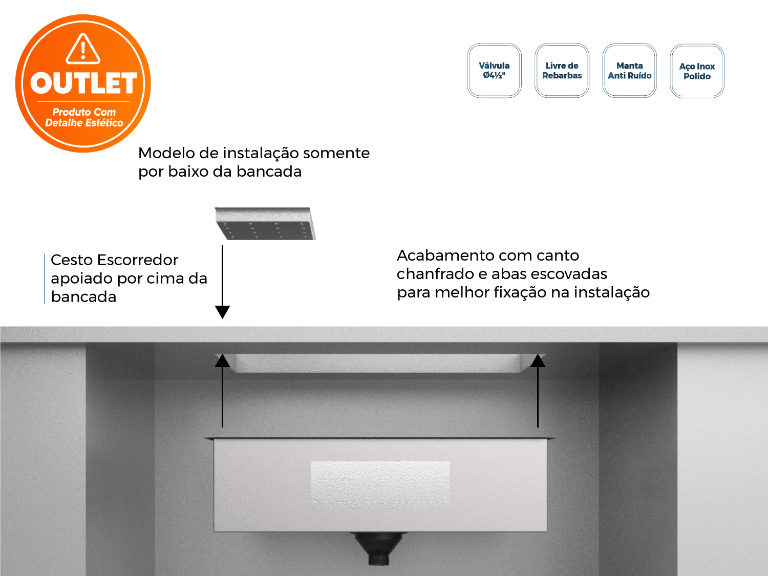 Cuba De Embutir Splendore 64x39cm Em Aço Inox Polido Com Escorredor e Válvula De 4.1/2 (Outlet)