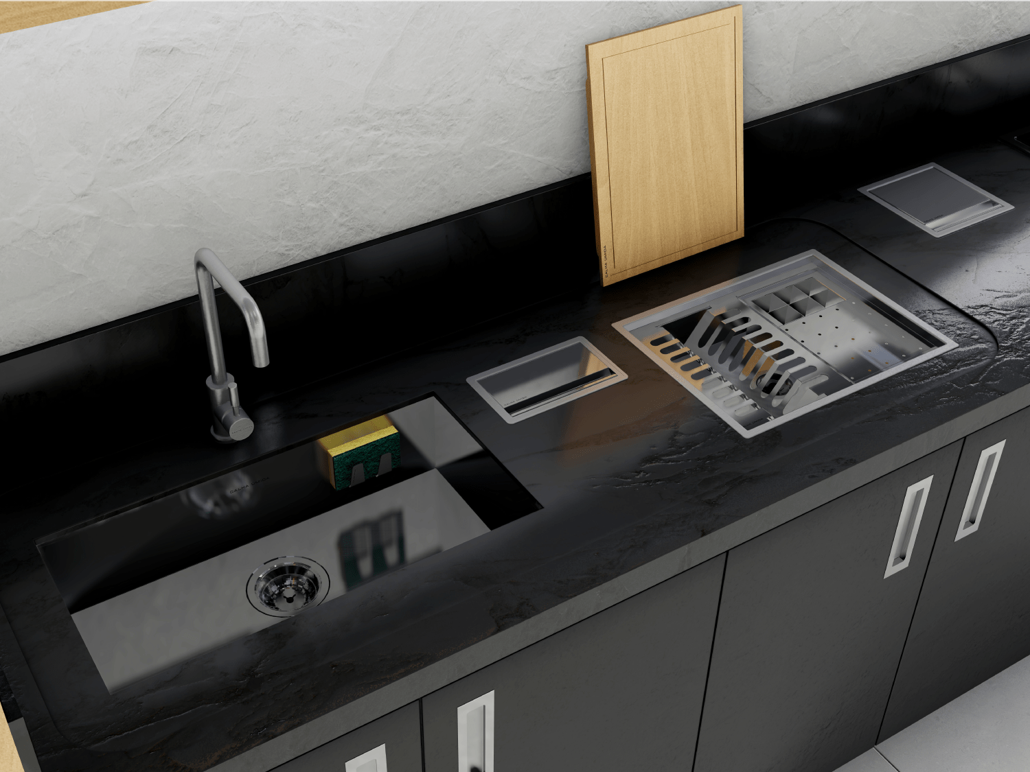 Cuba De Embutir Splendore 74x39cm Em Aço Inox Polido Com Escorredor 37,3x20cm e Válvula De 4.1/2