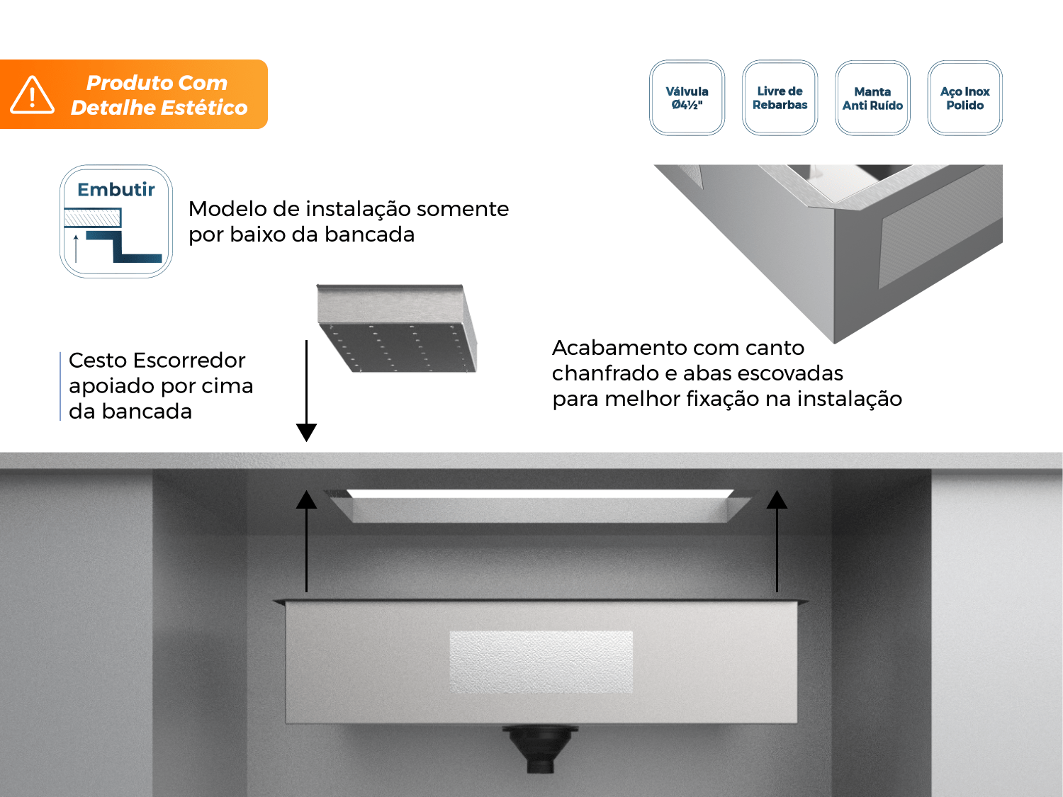 Cuba Embutir Splendore 74x39cm Em Aço Inox Polido Com Escorredor 37x20cm e Válvula De 4.1/2" (Outlet)
