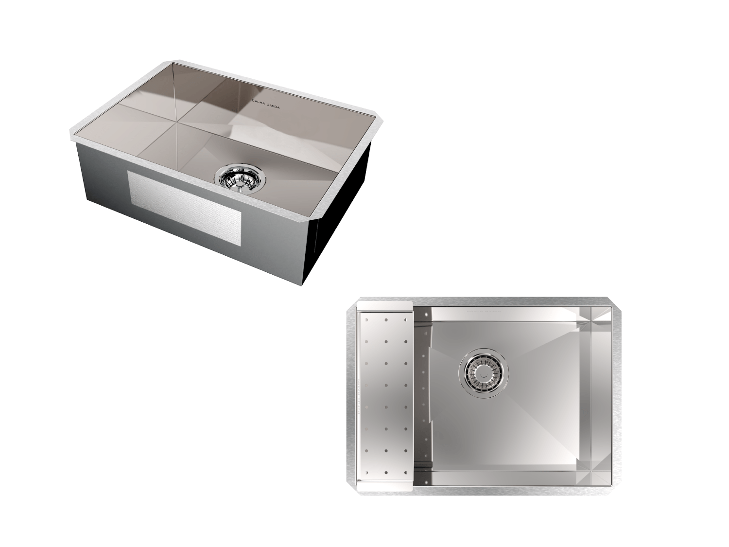 Cuba De Embutir Splendore 54x39cm Em Aço Inox Polido Com Escorredor 37,3x11cm e Válvula De 4.1/2