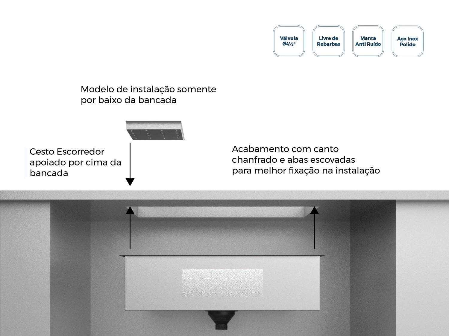 Cuba De Embutir Splendore 64x39cm Em Aço Inox Polido Com Escorredor 37,3x18cm e Válvula De 4.1/2