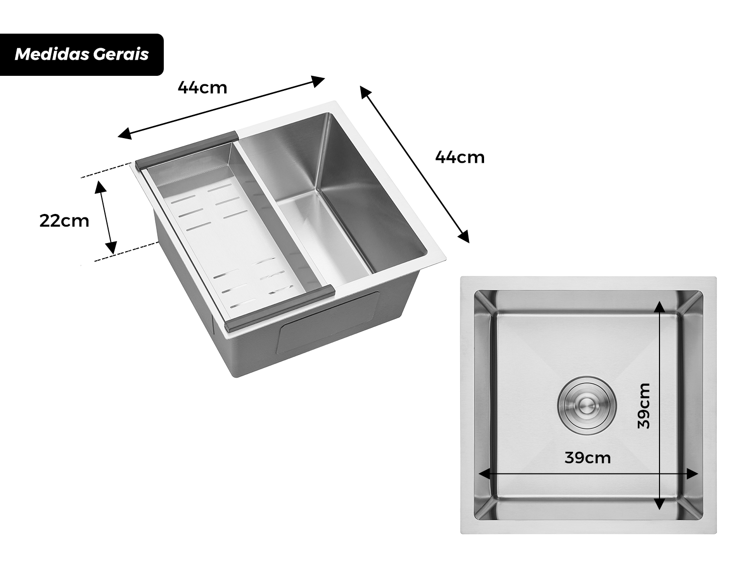 Cuba De Sobrepor Calha Úmida Essence 44x44cm Em Aço Inox Escovado Com Escorredor Válvula De 4.1/2