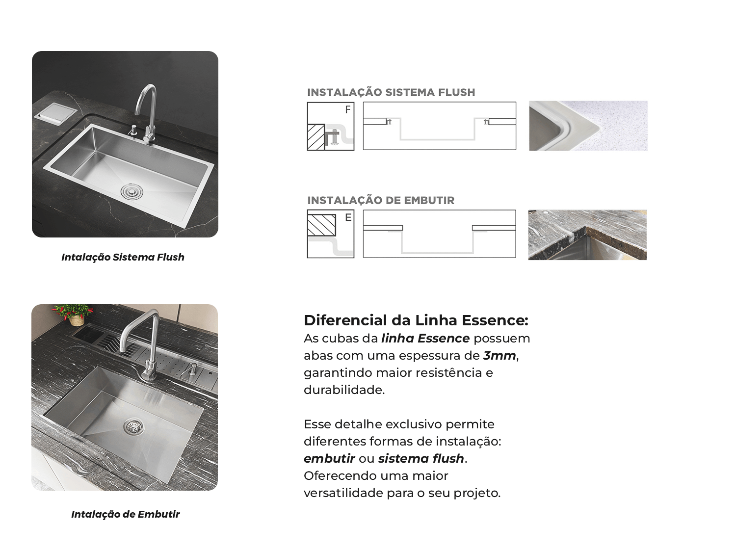 Cuba De Sobrepor Calha Úmida Essence 44x44cm Em Aço Inox Escovado Com Escorredor Válvula De 4.1/2