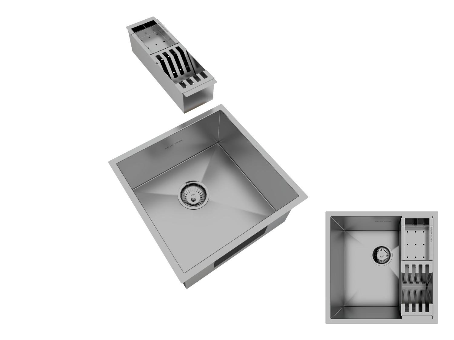 Cuba De Sobrepor Quadratta 40x40cm Em Aço Inox Escovado Com Cesto Escorredor Mini 3 Módulos e Válvula De 3.1/2