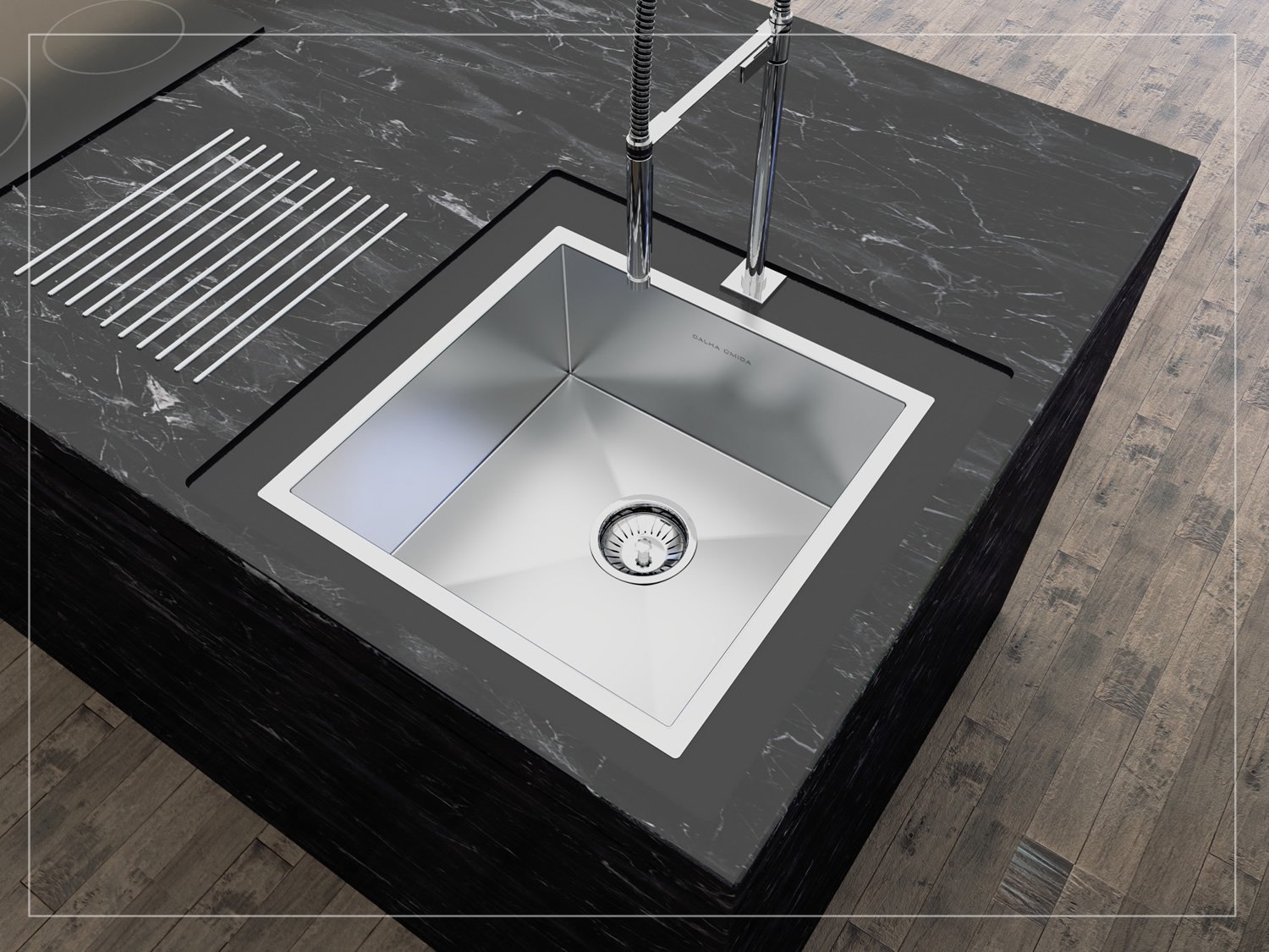Cuba De Sobrepor Quadratta 40x40cm Em Aço Inox Escovado Com Escorredor e Válvula De 4.1/2