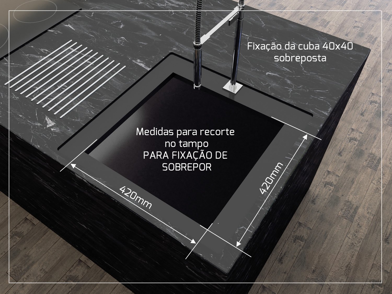 Cuba De Sobrepor Quadratta 40x40cm Em Aço Inox Escovado Com Escorredor e Válvula De 4.1/2
