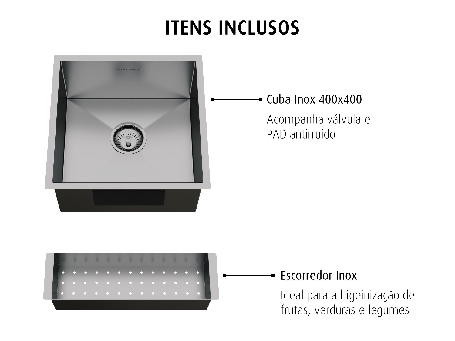 Cuba De Sobrepor Quadratta 40x40cm Em Aço Inox Escovado Com Escorredor e Válvula De 4.1/2