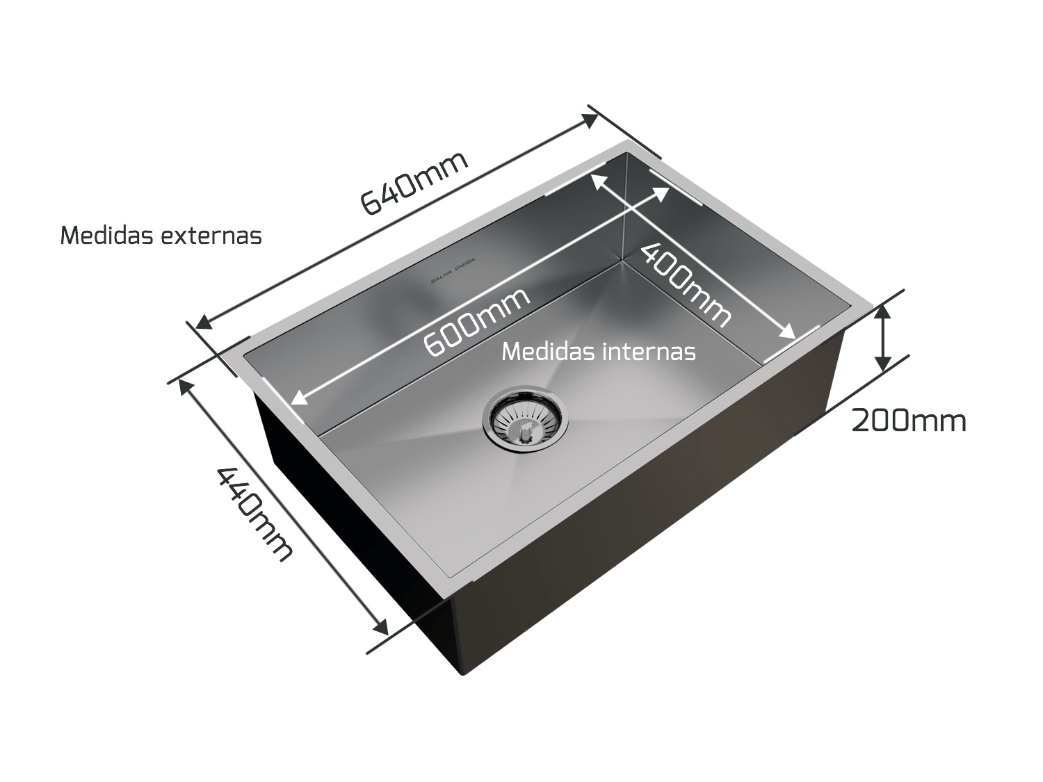 Cuba De Sobrepor Quadratta 60x40cm Em Aço Inox Escovado Com Escorredor e Tampa Decorativa Para Válvula De 4.1/2