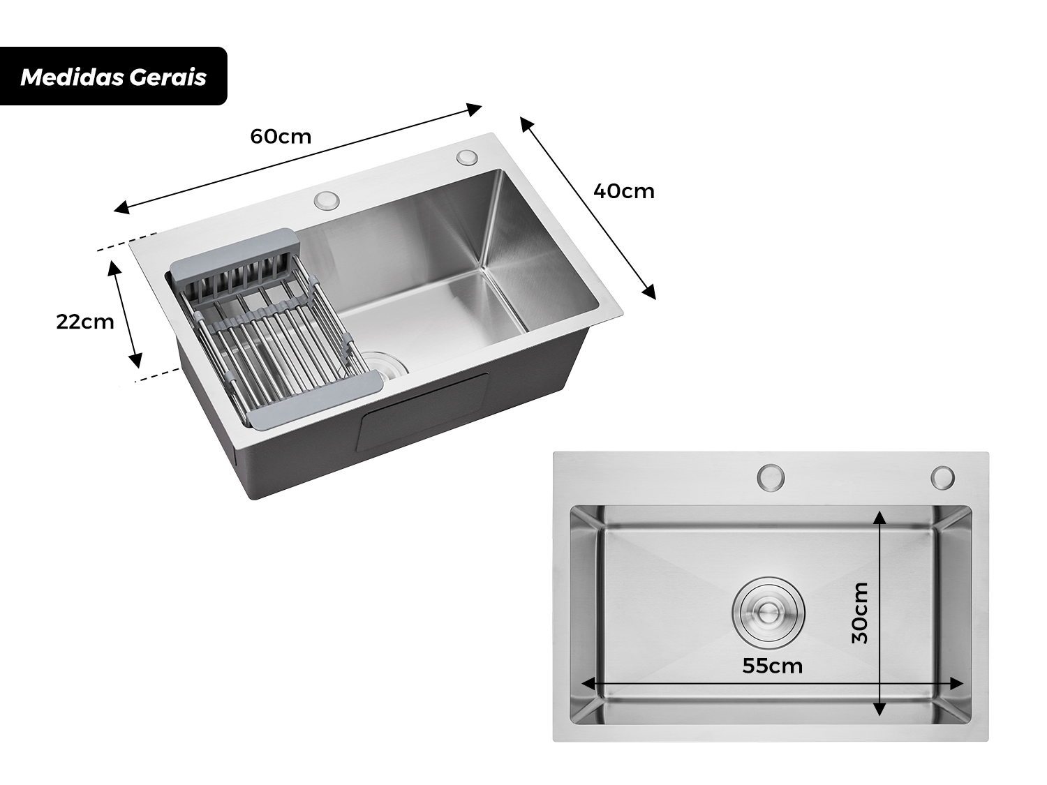 Cuba De Sobrepor Flush Essence 60x40cm Em Aço Inox Escovado Com Escorredor Extensível, Dispenser Dosador E Válvula De 4.1/2
