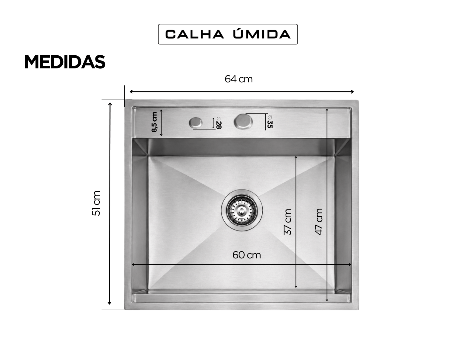 Cuba De Sobrepor Platino Exclusive 60x40 cm Com Válvula 4 1/2 e Grade Protetora