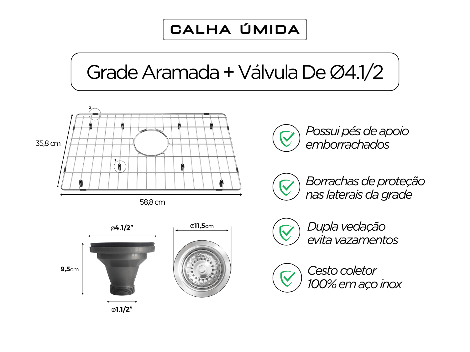 Cuba De Sobrepor Platino Exclusive 60x40 cm Com Válvula 4 1/2 e Grade Protetora