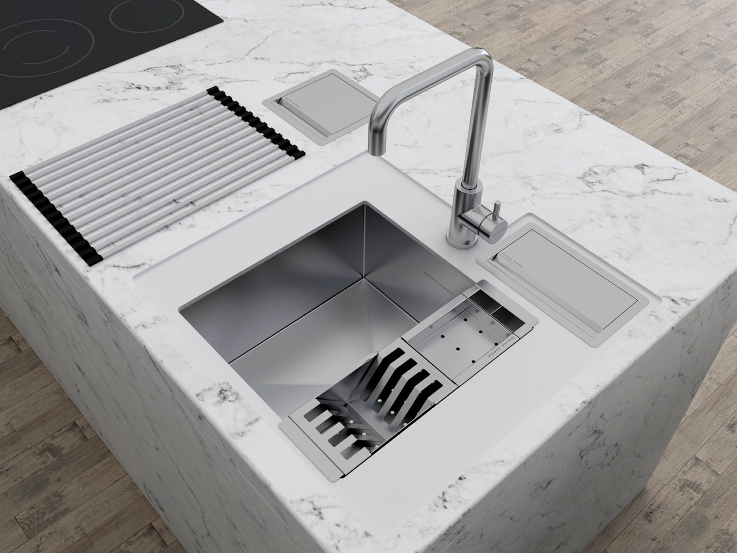 Cuba De Sobrepor Quadratta 40x40cm Em Aço Inox Escovado Com Cesto Escorredor Mini 3 Módulos e Válvula De 3.1/2