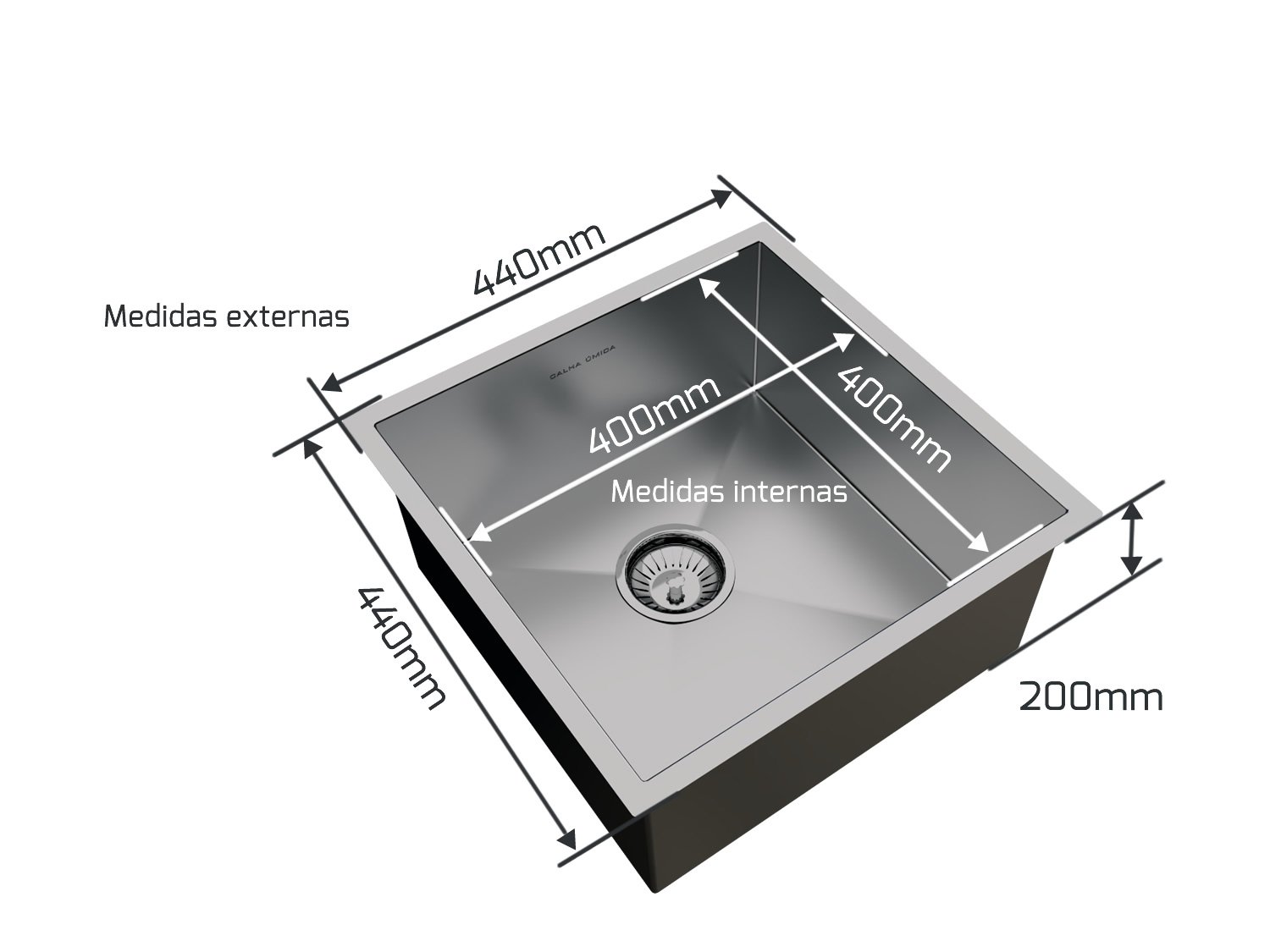Cuba De Sobrepor Quadratta 40x40cm Em Aço Inox Escovado Com Cesto Escorredor Mini 3 Módulos e Válvula De 3.1/2