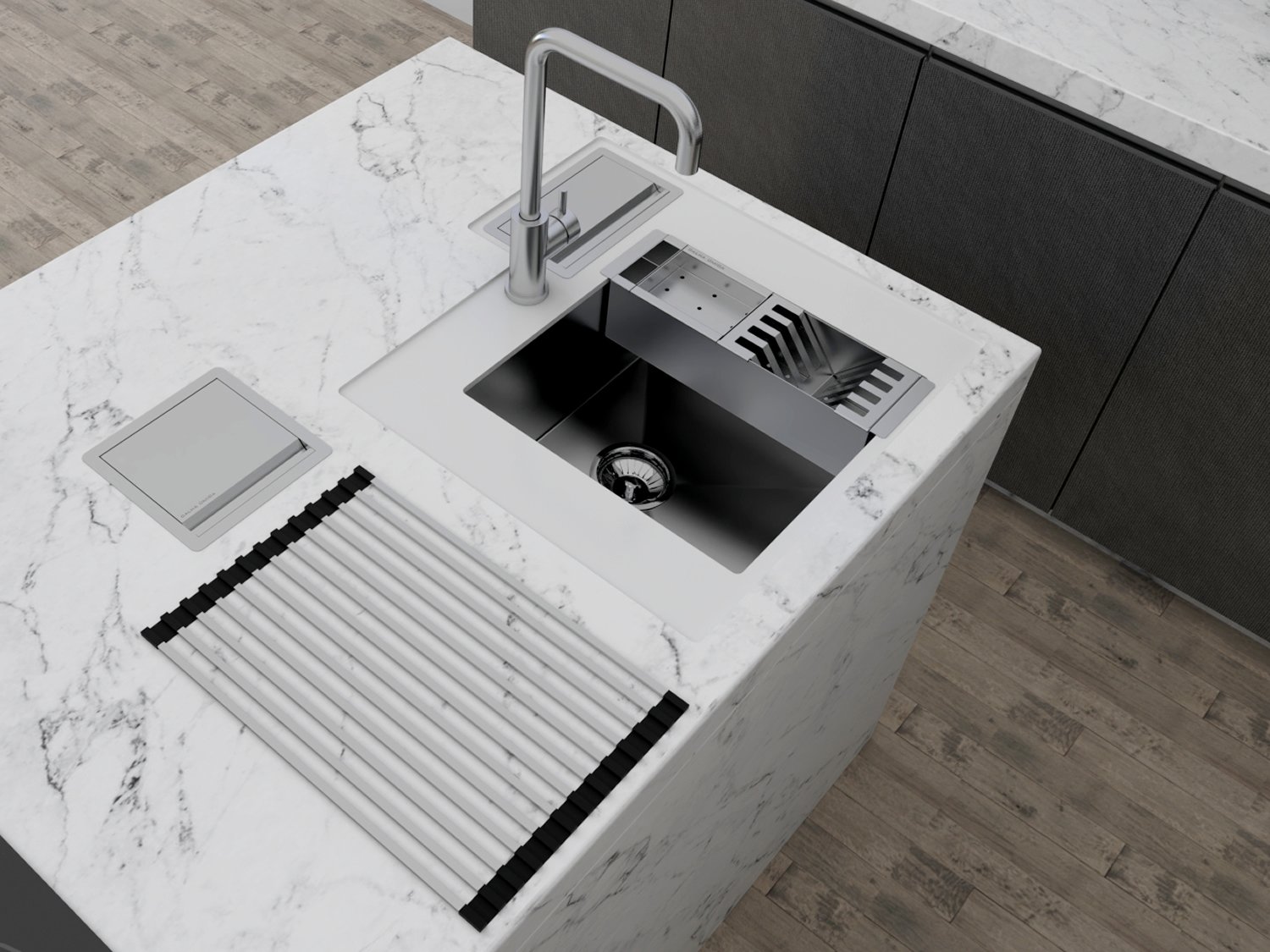Cuba De Sobrepor Quadratta 40x40cm Em Aço Inox Escovado Com Cesto Escorredor Mini 3 Módulos e Válvula De 3.1/2