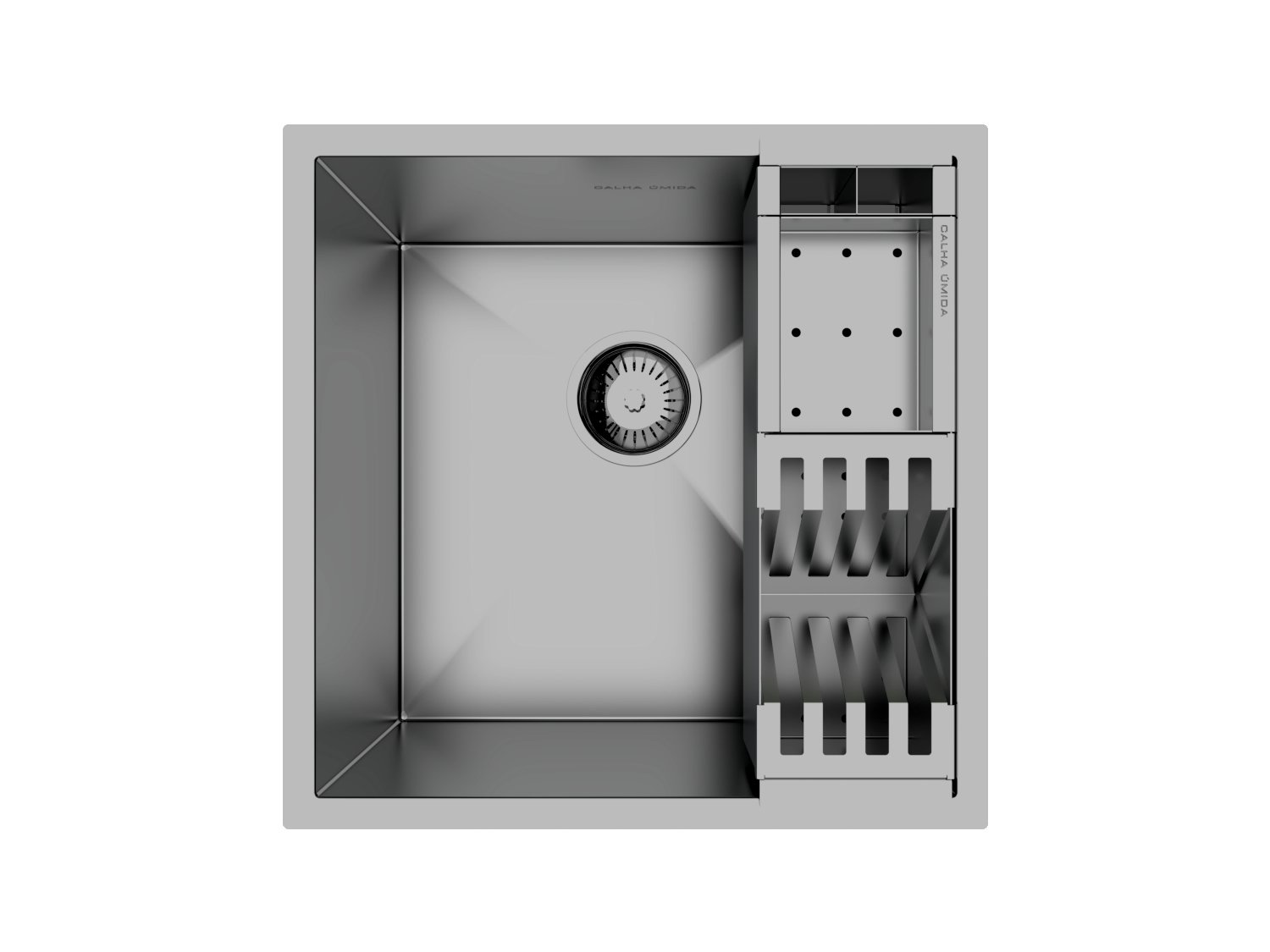 Cuba De Sobrepor Quadratta 40x40cm Em Aço Inox Escovado Com Cesto Escorredor Mini 3 Módulos e Válvula De 3.1/2