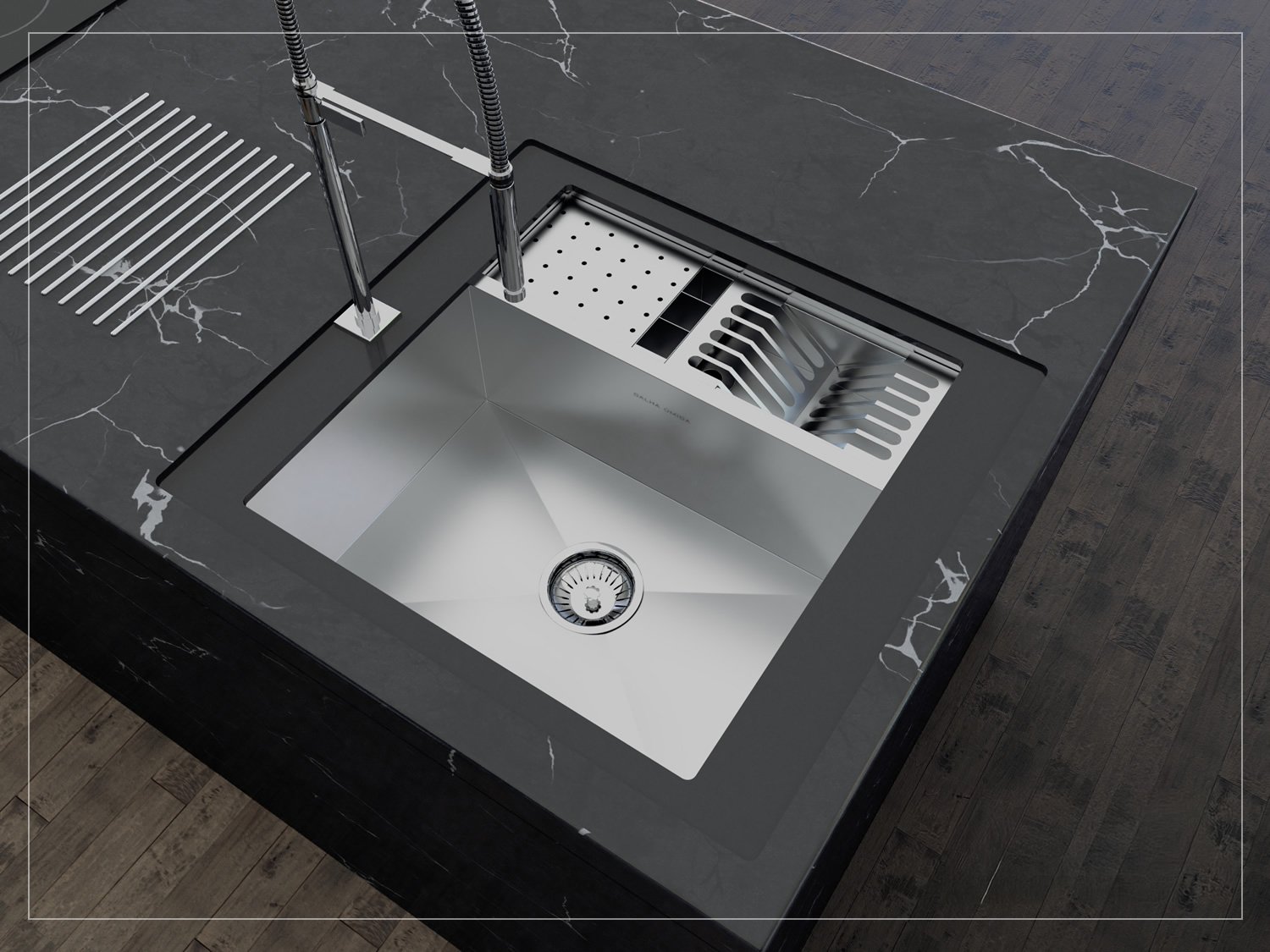 Cuba De Sobrepor Quadratta 54x58cm Em Aço Inox Escovado Com Kit Escorredor 3 Módulos Integrado e Válvula De 4.1/2