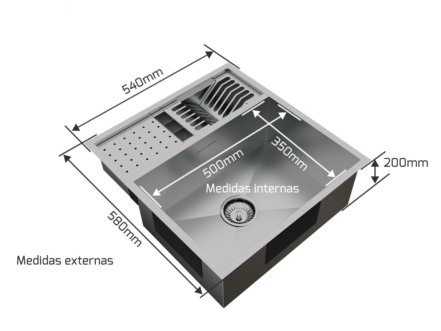 Cuba De Sobrepor Quadratta 54x58cm Em Aço Inox Escovado Com Kit Escorredor 3 Módulos Integrado e Válvula De 4.1/2