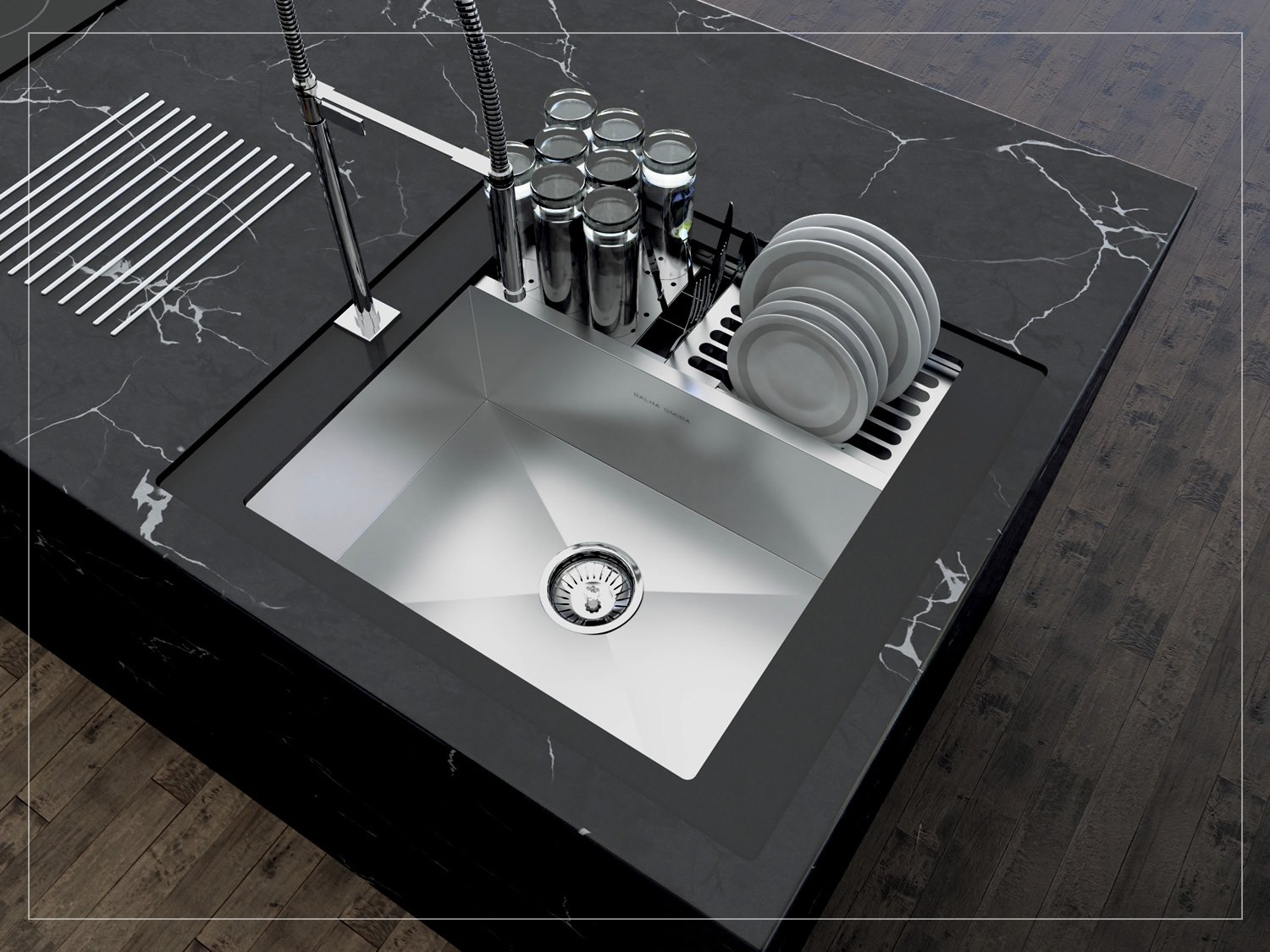 Cuba De Sobrepor Quadratta 54x58cm Em Aço Inox Escovado Com Kit Escorredor 3 Módulos Integrado e Válvula De 4.1/2
