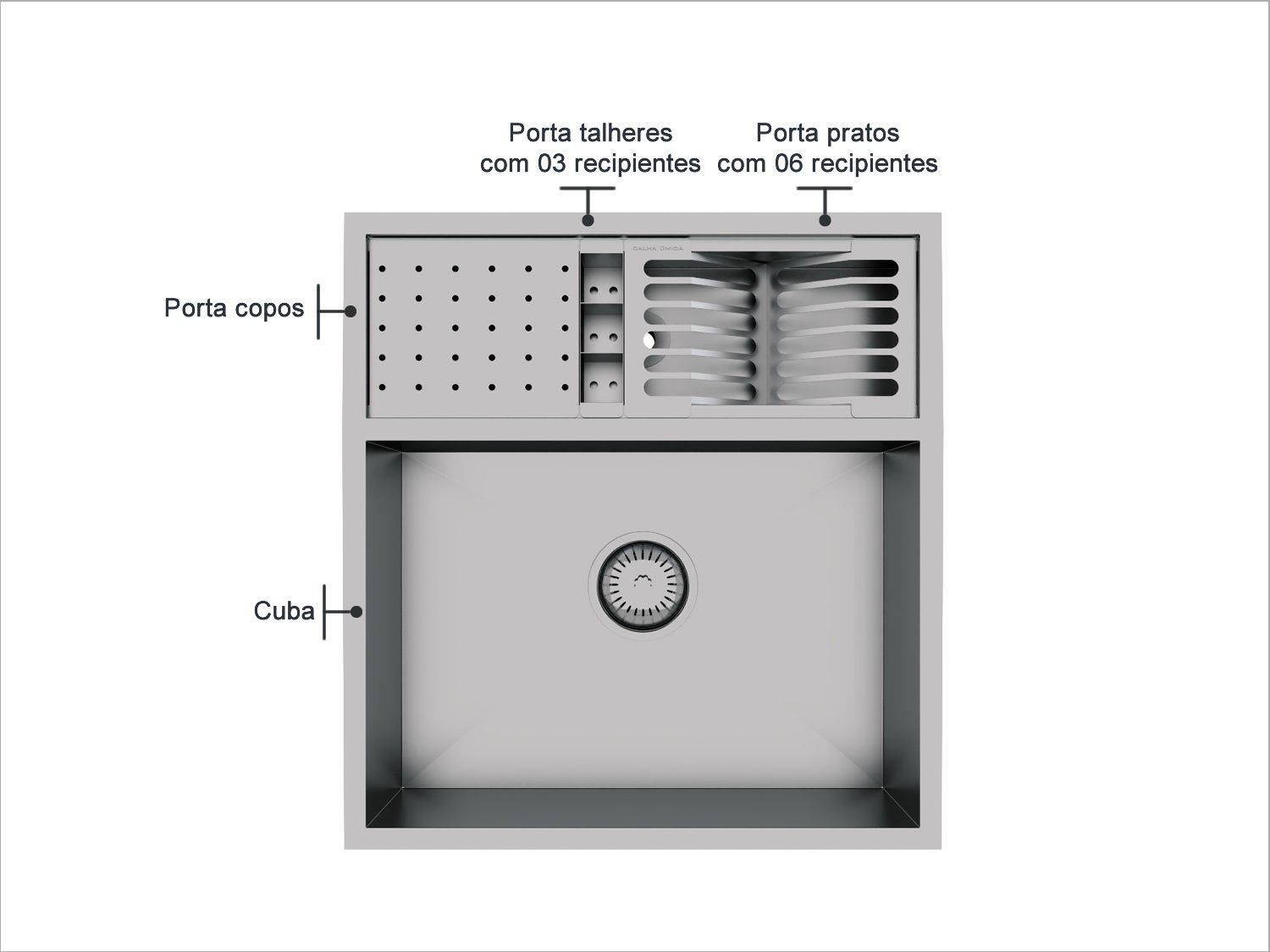 Cuba De Sobrepor Quadratta 54x58cm Em Aço Inox Escovado Com Kit Escorredor 3 Módulos Integrado e Válvula De 4.1/2