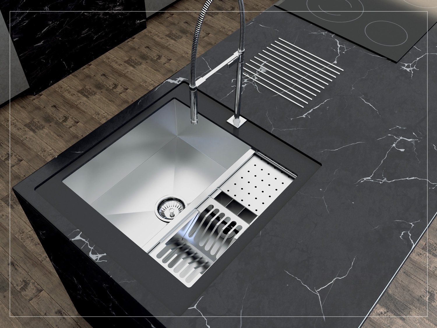 Cuba De Sobrepor Quadratta 54x58cm Em Aço Inox Escovado Com Kit Escorredor 3 Módulos Integrado e Válvula De 4.1/2