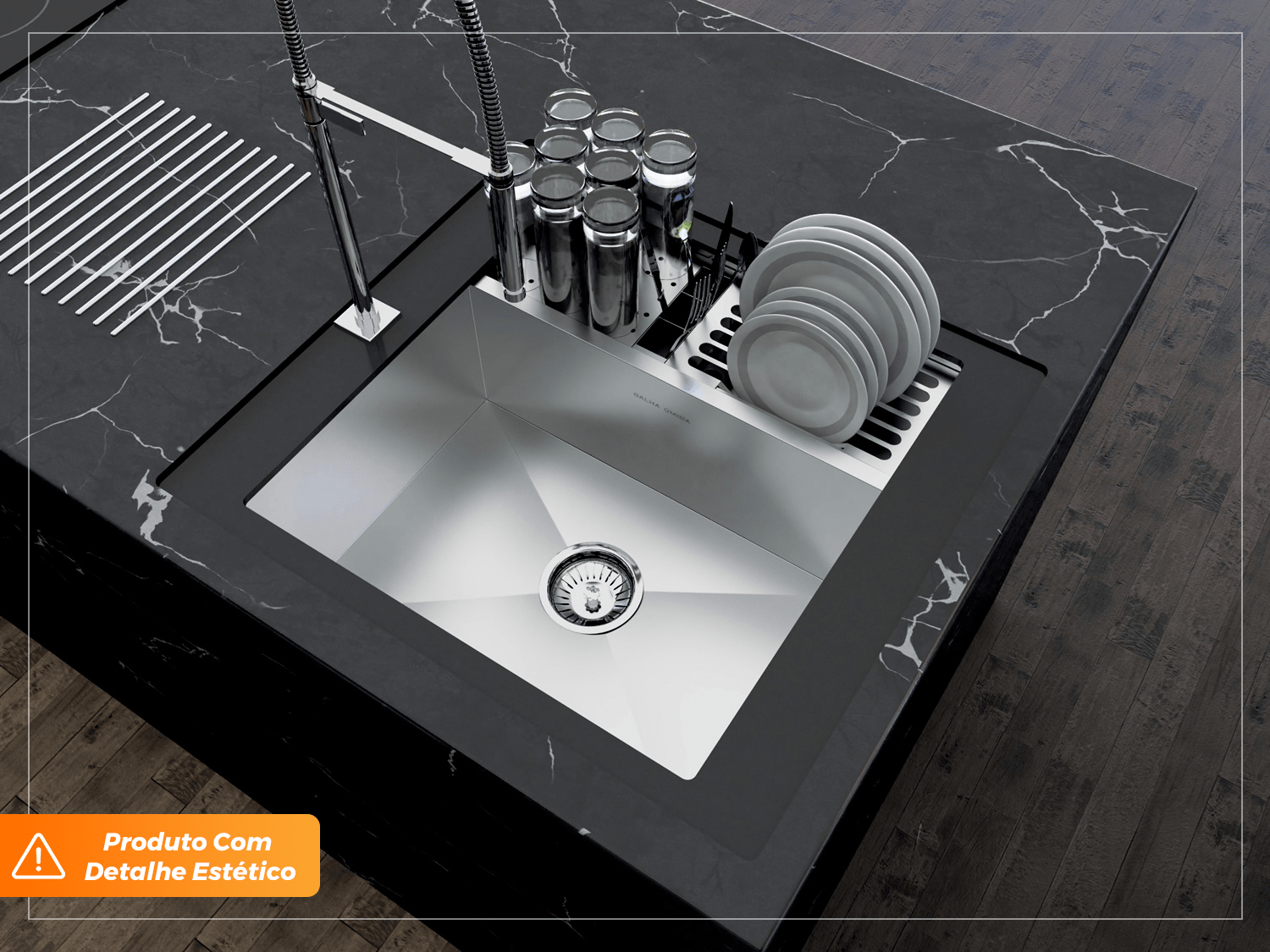 Cuba De Sobrepor Quadratta 54x58cm Em Aço Inox Escovado Com Kit Escorredor 3 Módulos Integrado Válvula De 4.1/2 (Outlet)