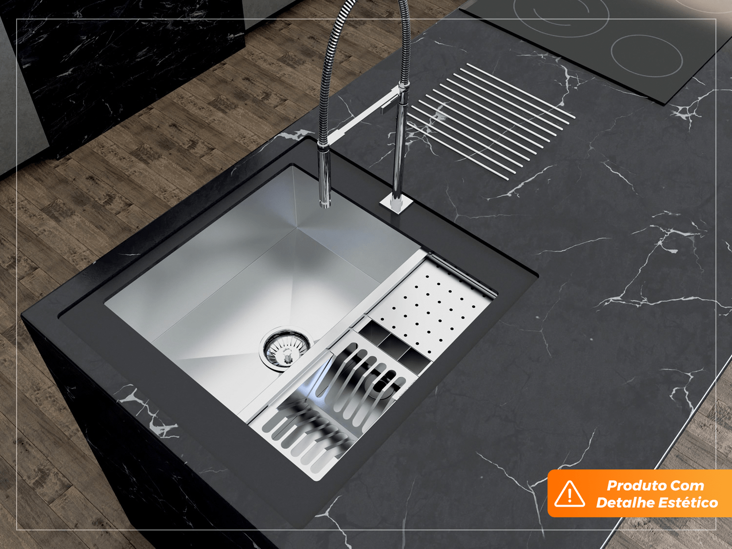 Cuba De Sobrepor Quadratta 54x58cm Em Aço Inox Escovado Com Kit Escorredor 3 Módulos Integrado Válvula De 4.1/2 (Outlet)