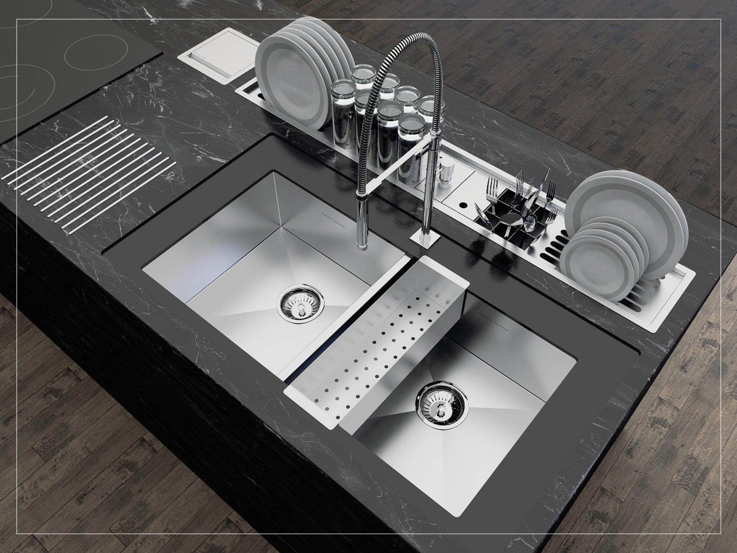 Cuba Dupla De Sobrepor Quadratta 80x40cm Em Aço Inox Escovado Com Escorredor e Válvula De 4.1/2