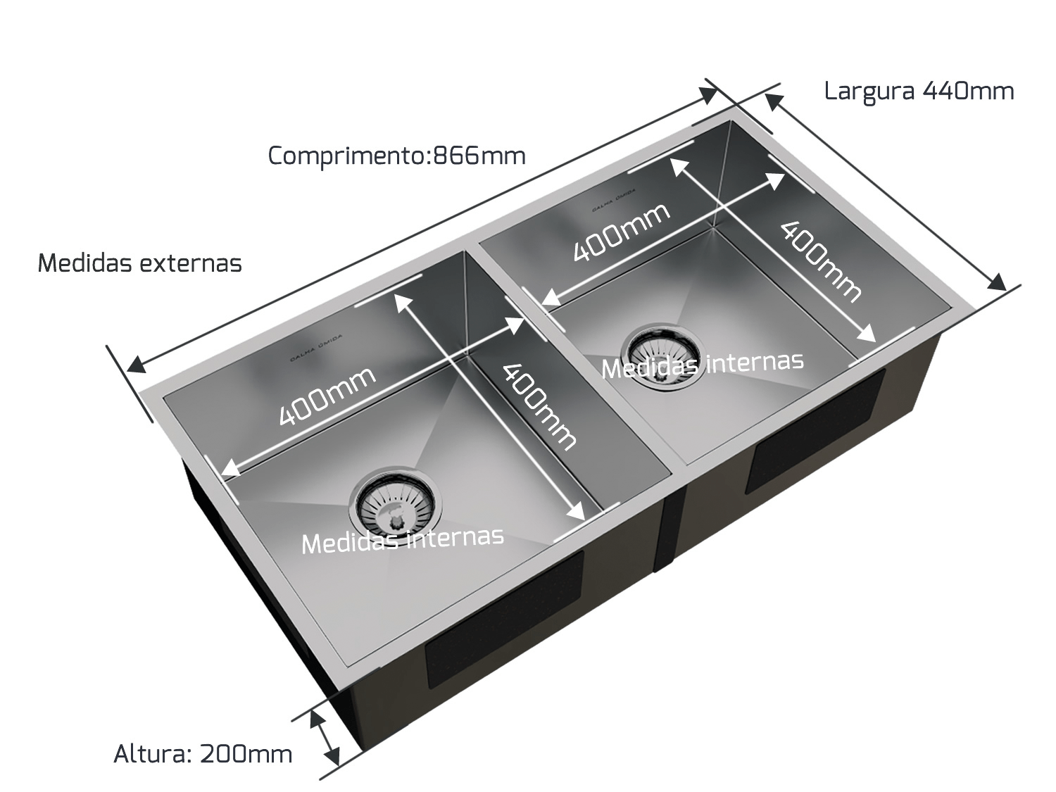 Cuba Dupla De Sobrepor Quadratta 80x40cm Em Aço Inox Escovado Com Escorredor e Válvula De 4.1/2