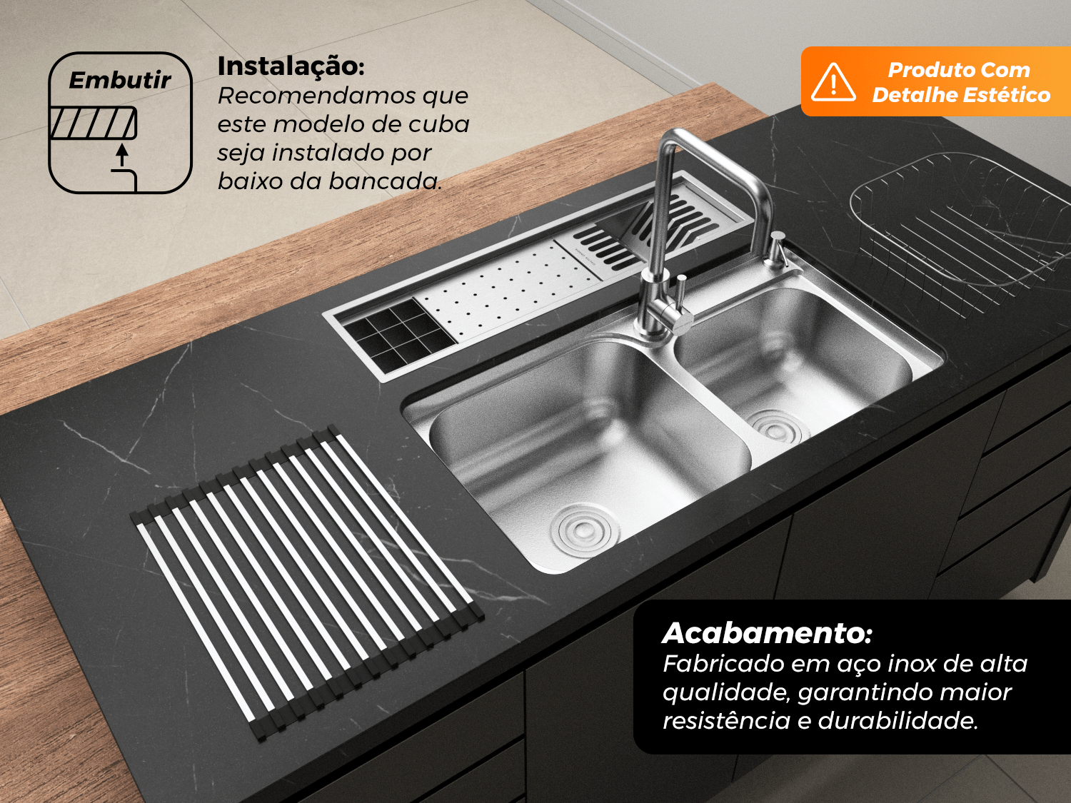 Cuba Dupla Embutir Basic 78x43cm Pia Com Escorredor Aramado E Válvula 4.1/2 (Outlet)