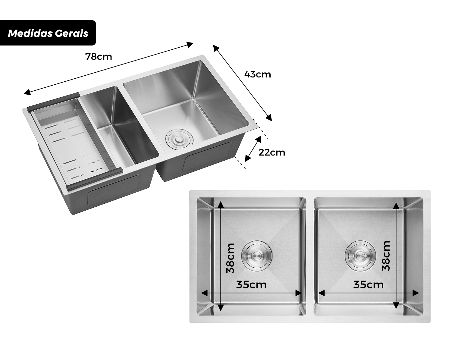 Cuba Dupla Sobrepor Calha Úmida Essence 78x43cm Aço Inox Escovado Com Escorredor E Válvula 4.1/2