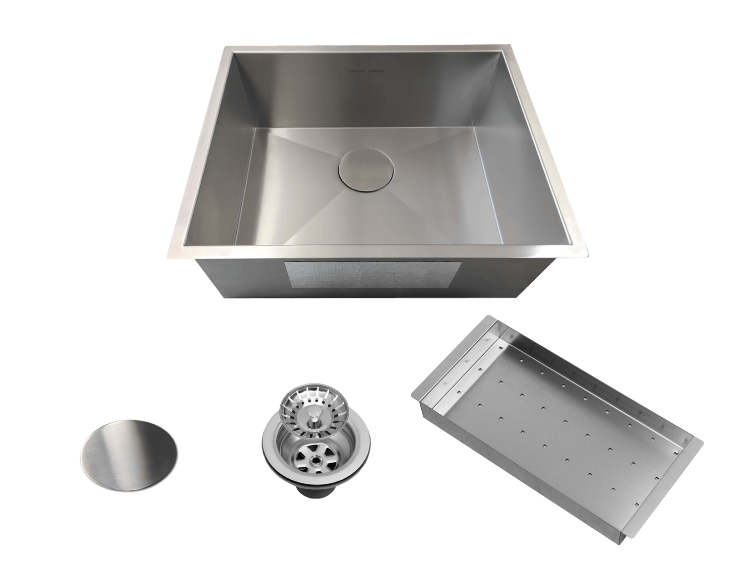 Cuba De Sobrepor Quadratta 50x40cm Em Aço Inox Escovado Com Escorredor e Tampa Decorativa Para Válvula De 4.1/2