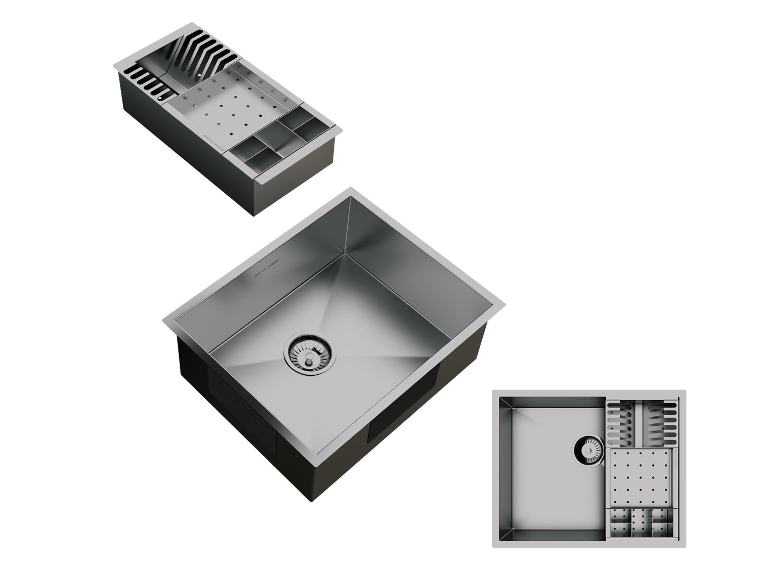 Cuba De Sobrepor Quadratta 50x40cm Em Aço Inox Escovado Com Cesto Escorredor 3 Módulos e Válvula De 4.1/2