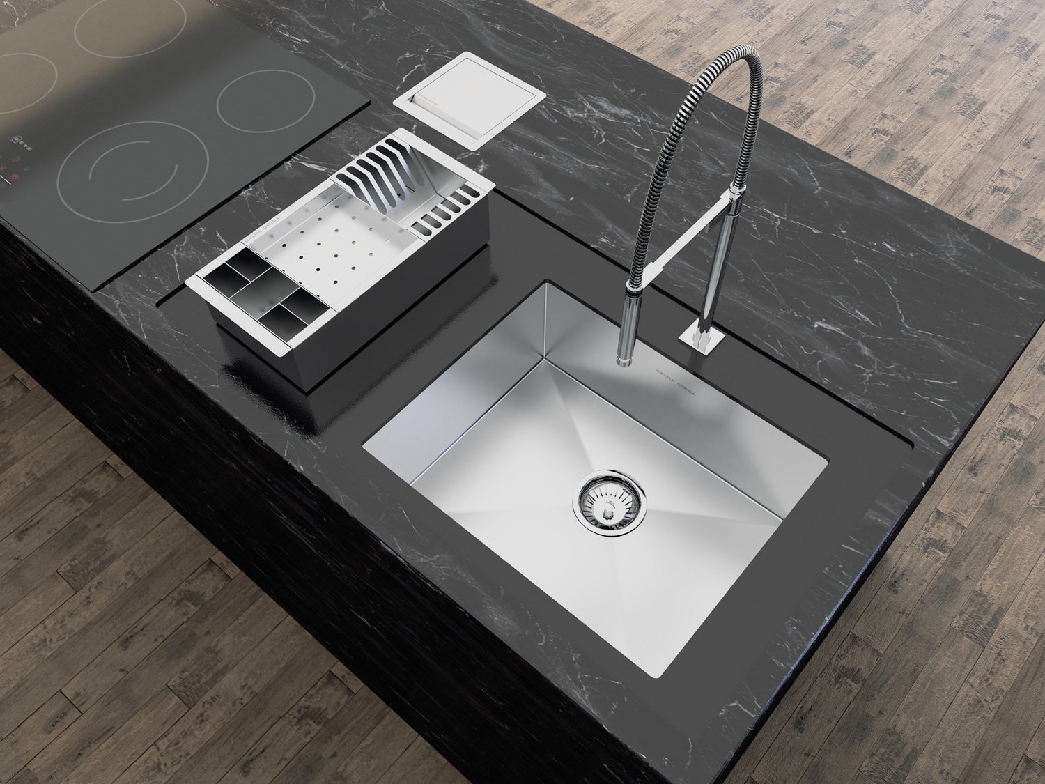 Cuba De Sobrepor Quadratta 50x40cm Em Aço Inox Escovado Com Cesto Escorredor 3 Módulos e Válvula De 4.1/2