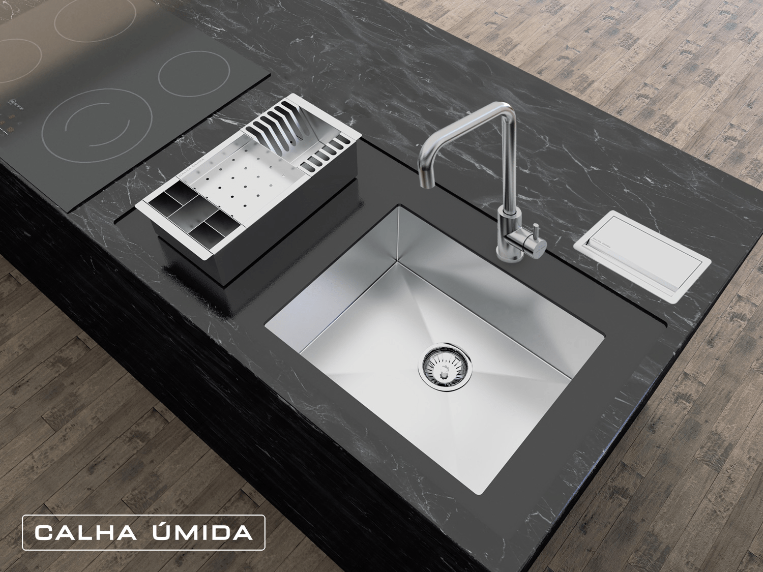 Cuba Sobrepor 50x40 + Cesto Escorredor 3 Módulos + Porta Esponja e Sabão + Torneira Monocomando Inox