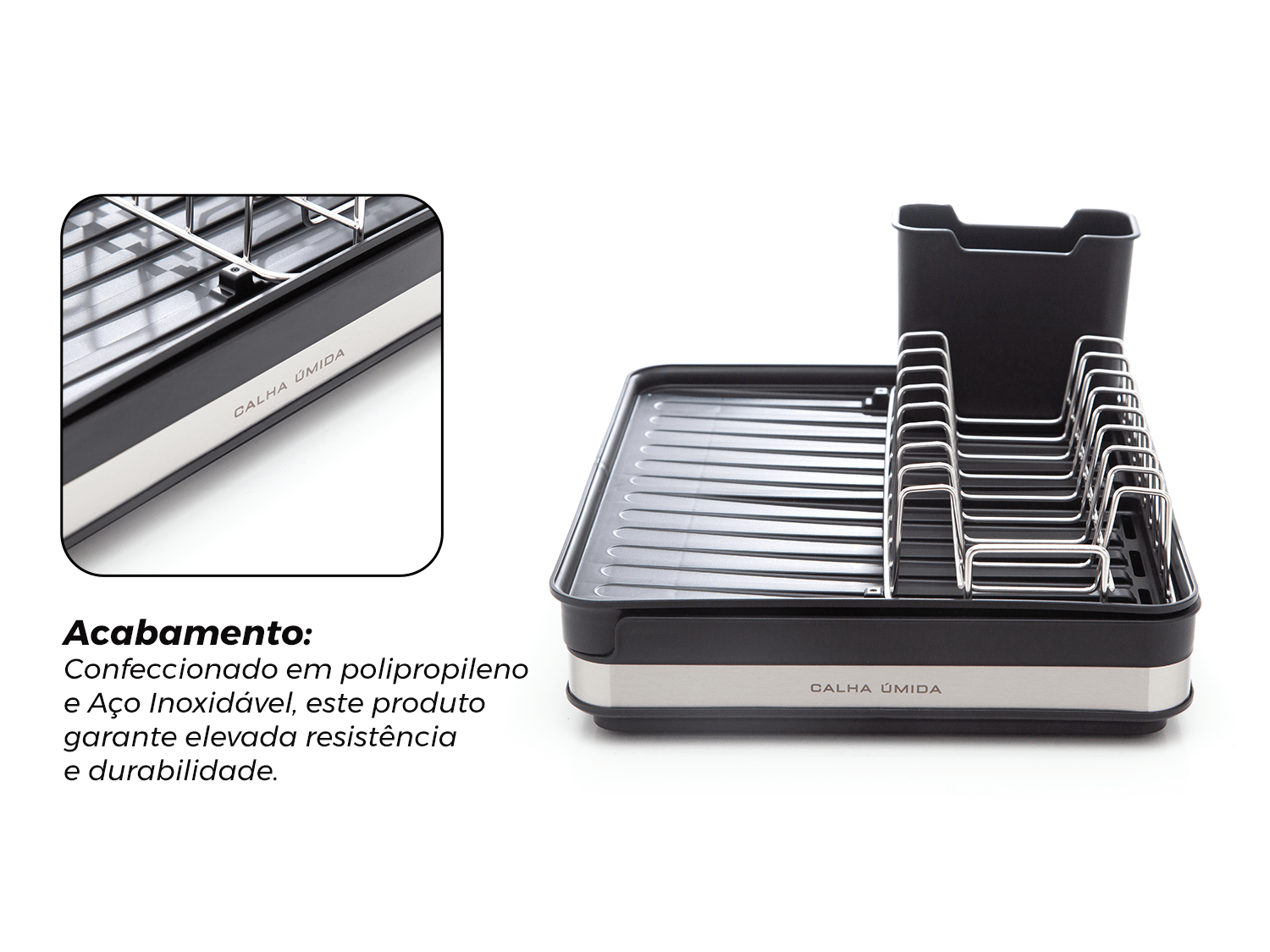 Escorredor de Louça Calha Úmida Duetto 36,5x51x18cm em Aço Inox com Bandeja Coletora Extensível
