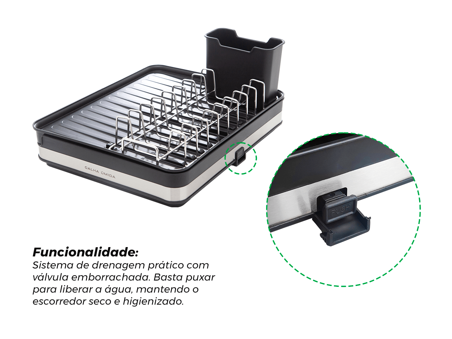Escorredor de Louça Calha Úmida Duetto 36,5x51x18cm em Aço Inox com Bandeja Coletora Extensível