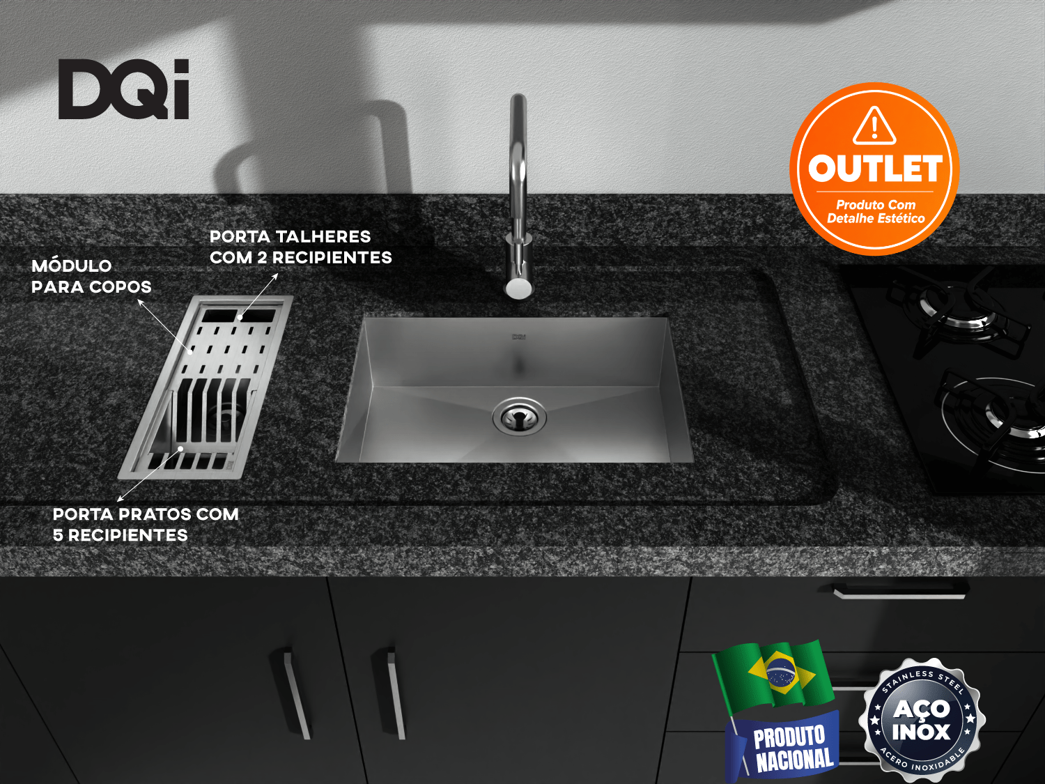 Escorredor Equipado DQI Linear Módulo Único 43cm Em Aço Inox Escovado (Outlet)