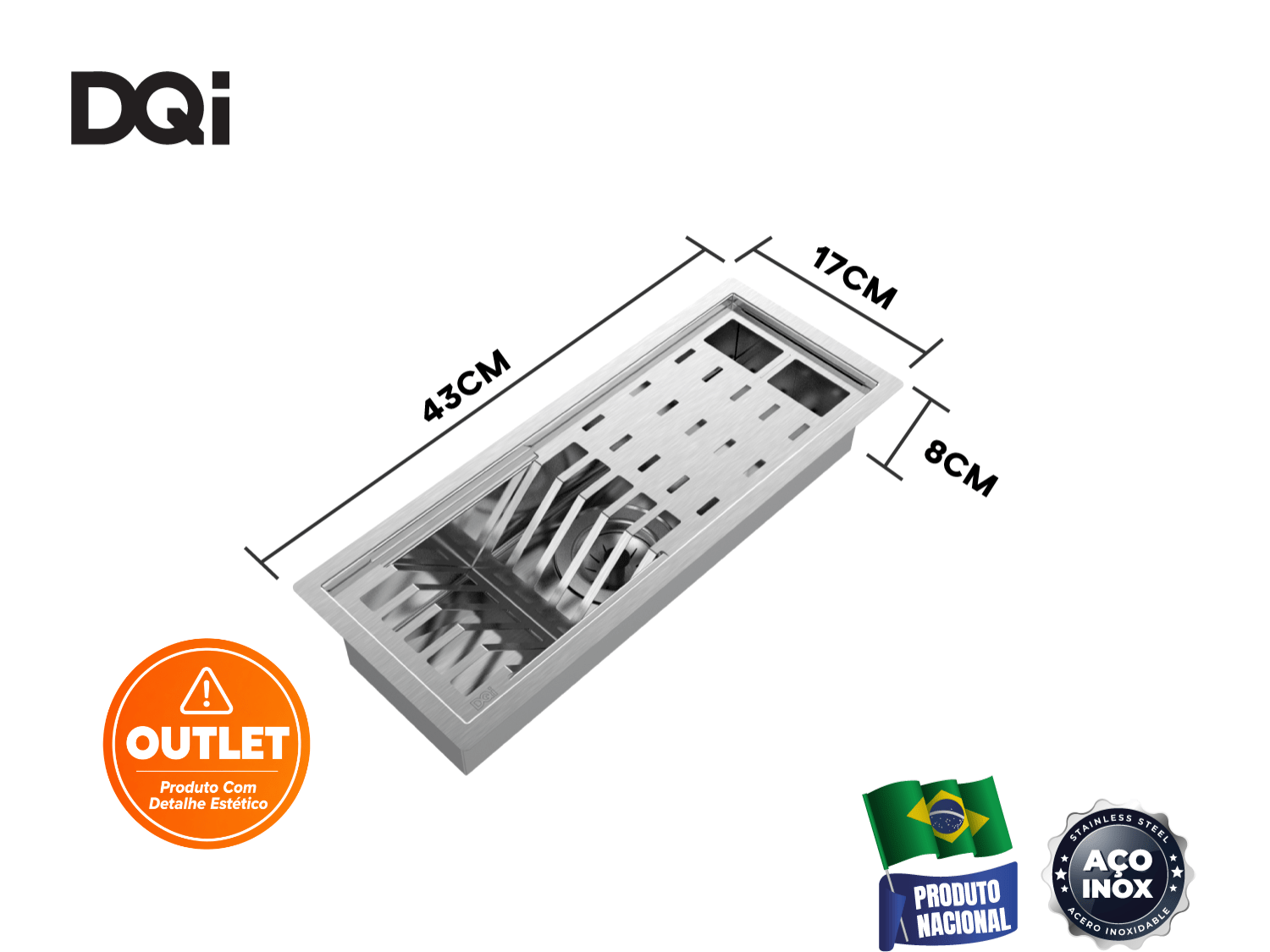Escorredor Equipado DQI Linear Módulo Único 43cm Em Aço Inox Escovado (Outlet)
