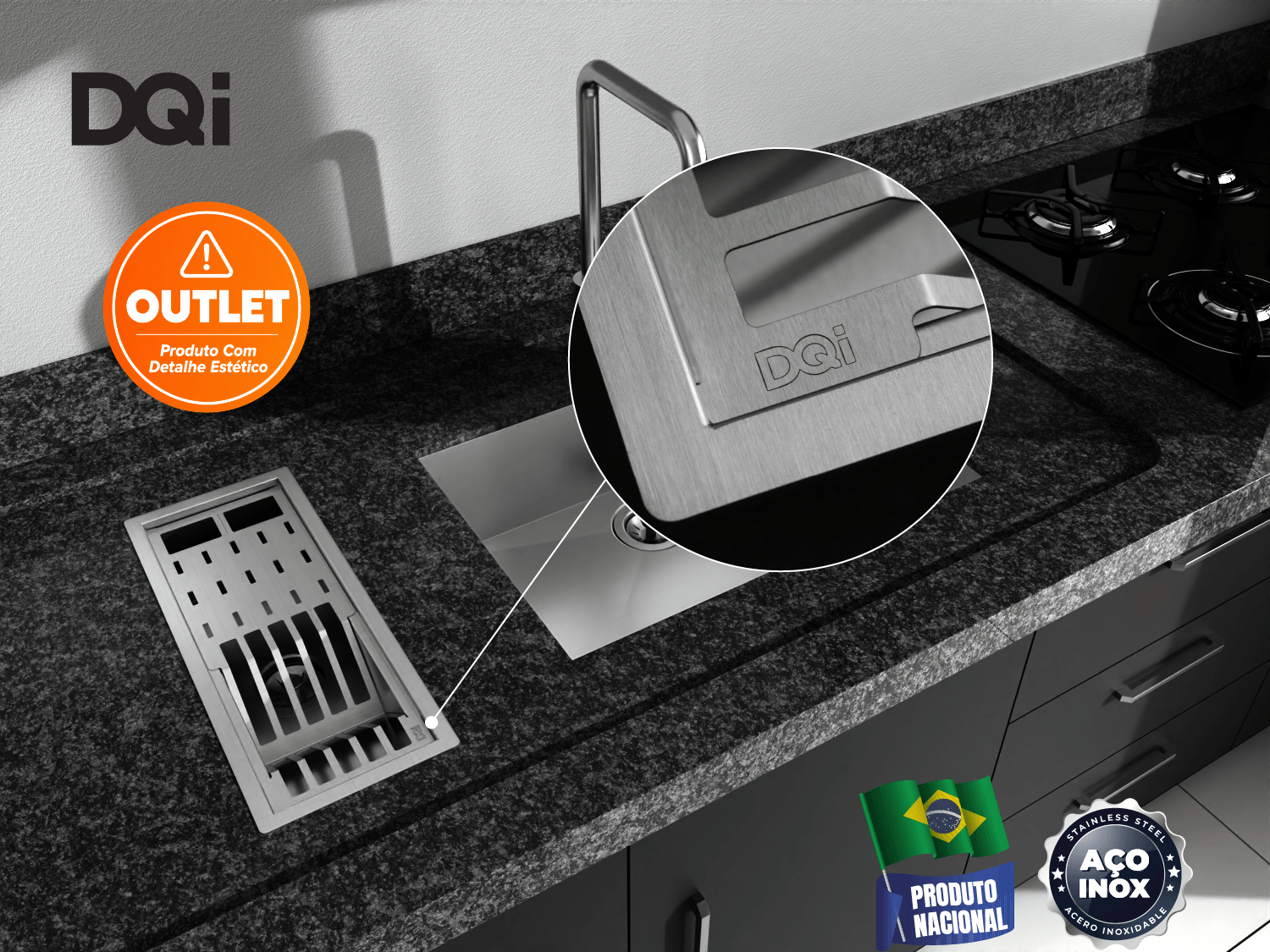 Escorredor Equipado DQI Linear Módulo Único 43cm Em Aço Inox Escovado (Outlet)