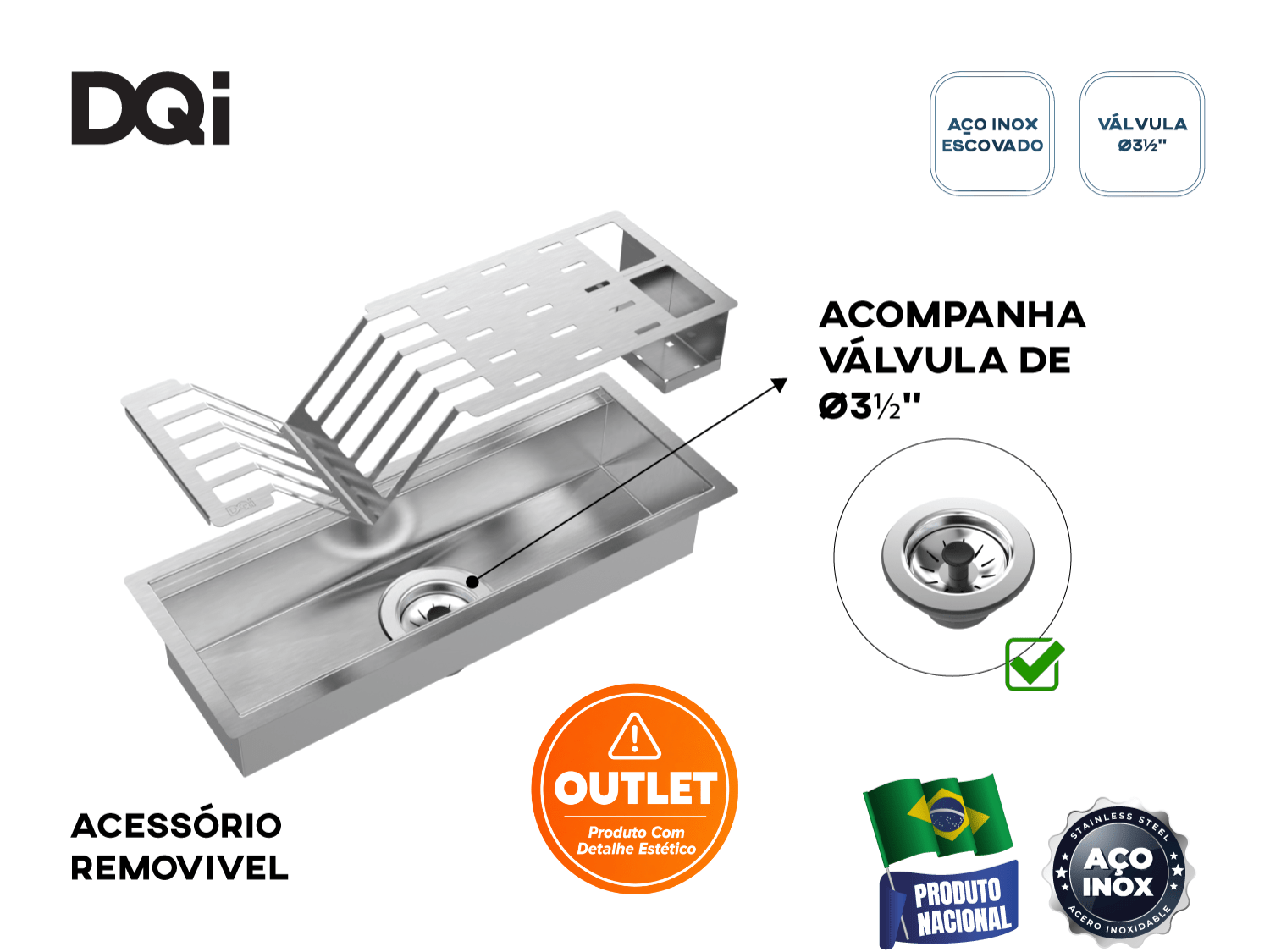 Escorredor Equipado DQI Linear Módulo Único 43cm Em Aço Inox Escovado (Outlet)
