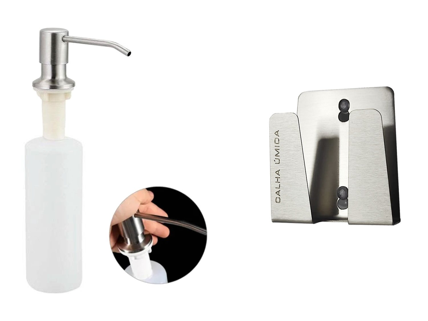 Dispenser Dosador Kitchen Para Bancada 300ml + Porta Esponja Mini Inox 304 Com Ventosa