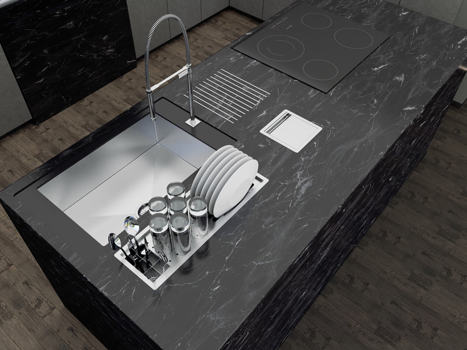 Calha Úmida Canal Equipado Completo Sobrepor Inox Kitchen 3 Módulos 60cm