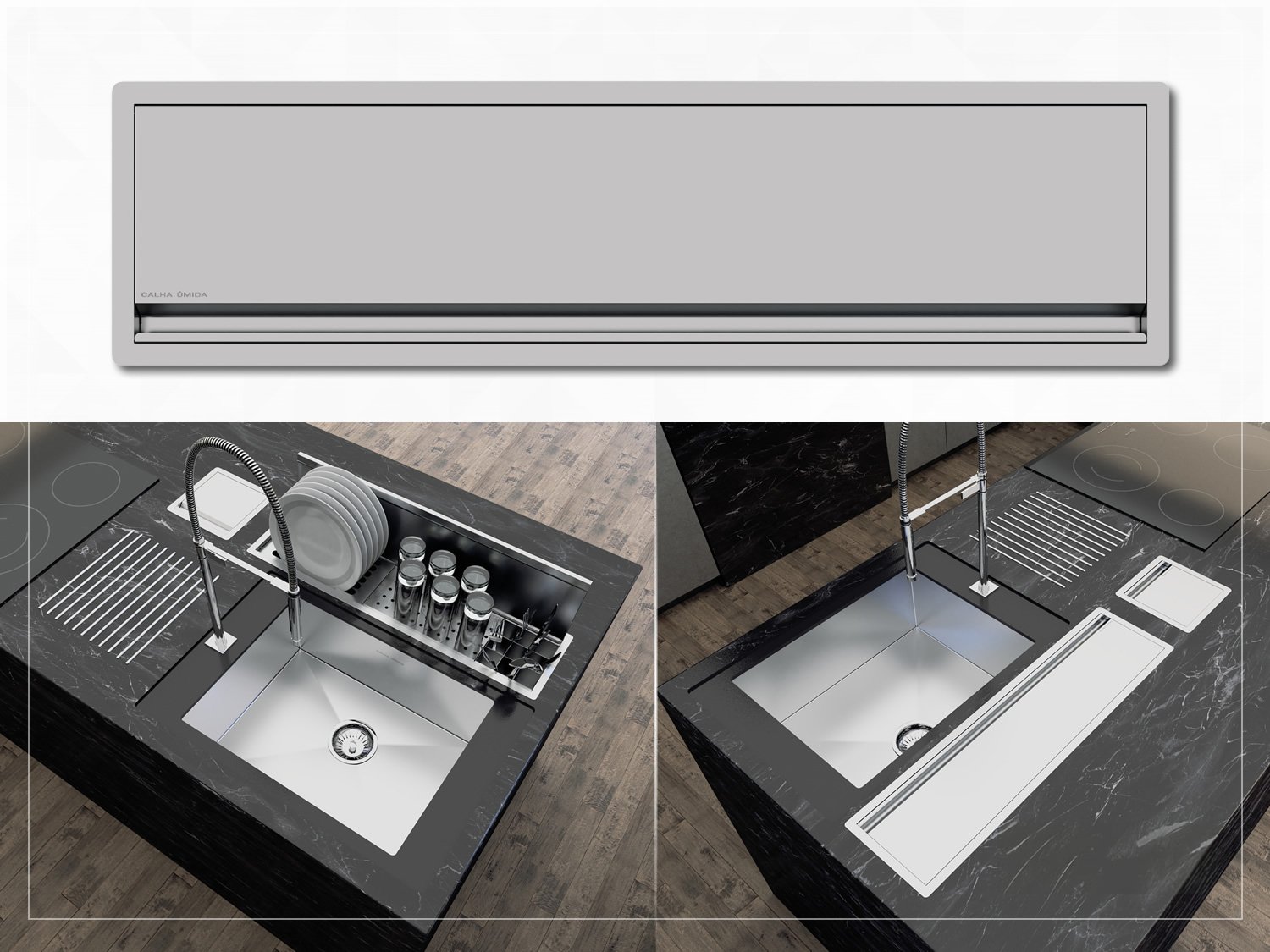 Canal Escorredor Para Sobrepor Calha Úmida Com Tampa Kitchen 3 Módulos 73,5cm