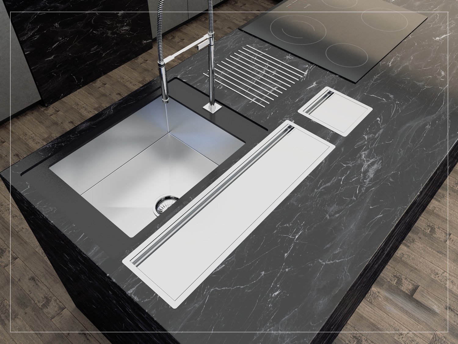 Canal Escorredor Para Sobrepor Calha Úmida Com Tampa Kitchen 3 Módulos 73,5cm