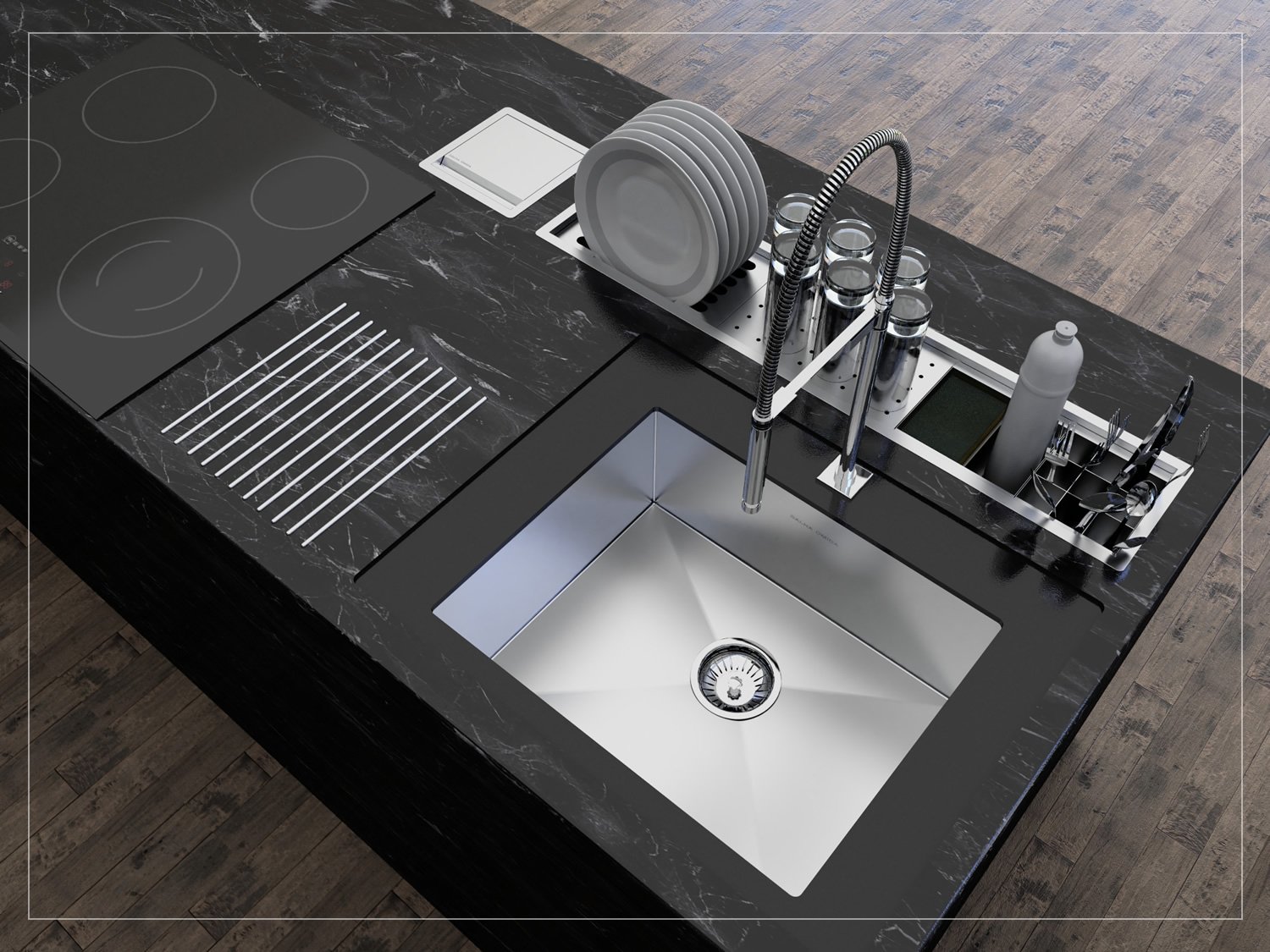 Calha Úmida Escorredor Louça Equipado Inox Sobrepor Kitchen 4 Módulos 90cm
